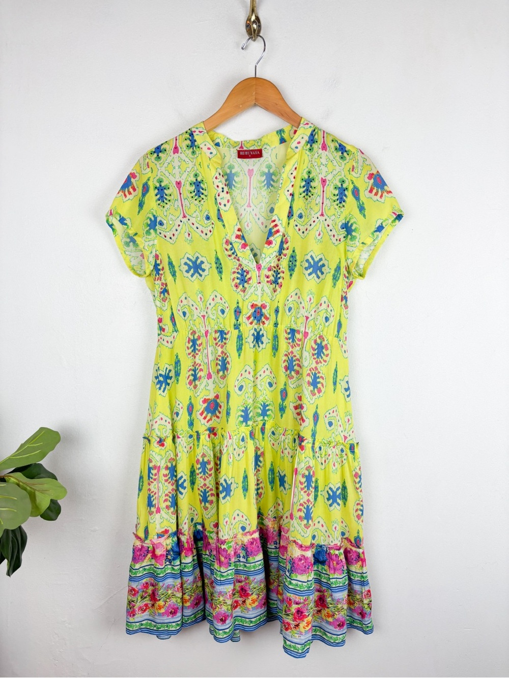 Ruby Yaya Yellow Floral Tropical Tiered Mini Dress Sz S